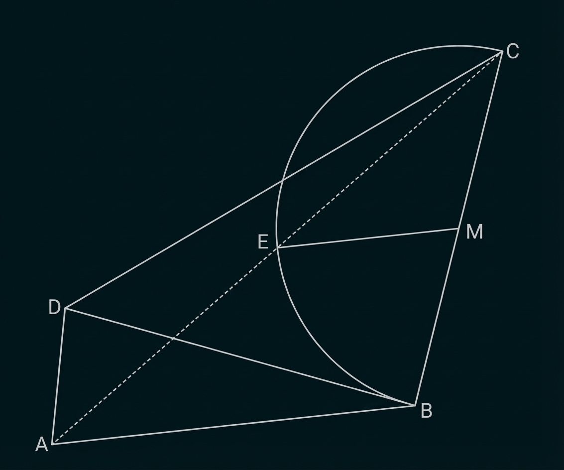 Geometrische Skizze: Viereck mit Diagonalen, Kreisbogen und markierten Punkten A, B, C, D, E, M, gestrichelte Linie AC.